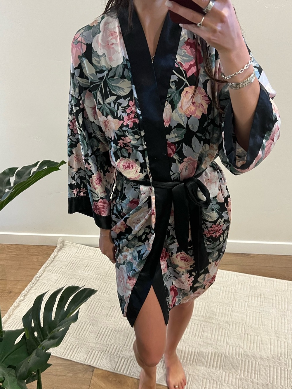 Mystique Boutique Black Floral Satin Kimono Robe with Pink and Cream Blooms
